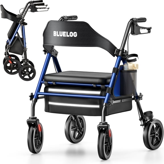 Bluelog Rolling Walker, Adjustable Seat & Handle Heights, Extra-Wide Memory Foam Seat, 4-Wheel Rollator with 350 lb Limit