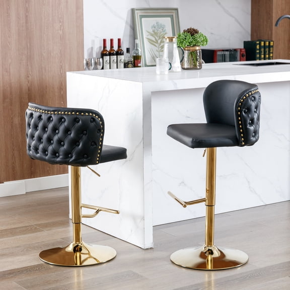 Adjustable Seat Height Swivel Bar Stools - Modern Pu Leather Upholstered, Back For Home Pub & Kitchen Island (black Of 2 Pairs Seats