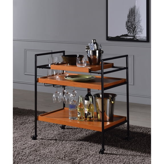Adjustable Serving Cart In Honey Oak And Black Finish, Stemware Rack, 3 Open Compartments For Organization, 4 Caster Wheels, Robust Metal Construction, Dining Area Cart, Customizable Wooden