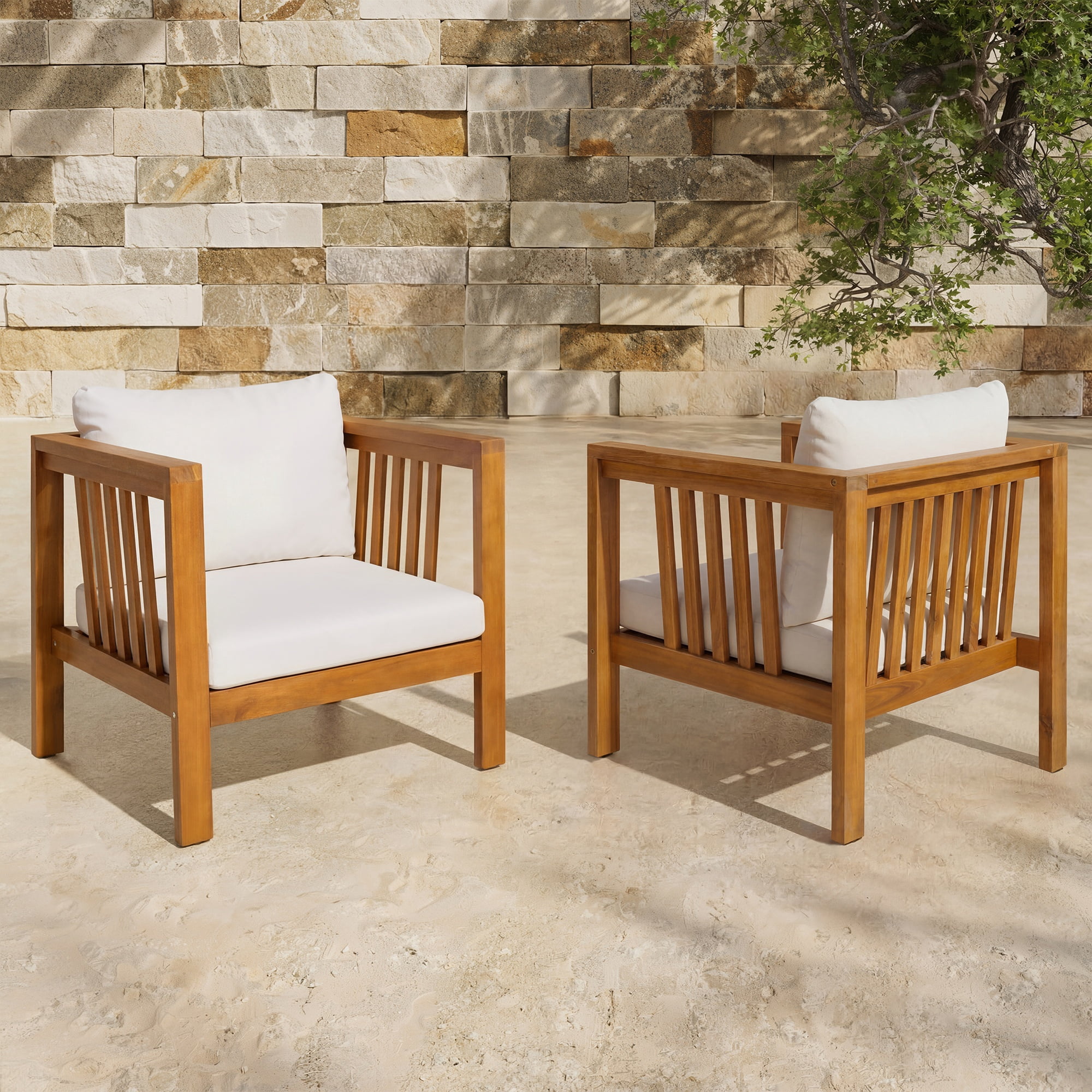 Adjustable Set of 2 Outdoor Acacia Wood Club Chairs with Modern Square Arms, Thick Cushions and Pillows, Leveling Feet for Patio Poolside Backyard Deck, Beige