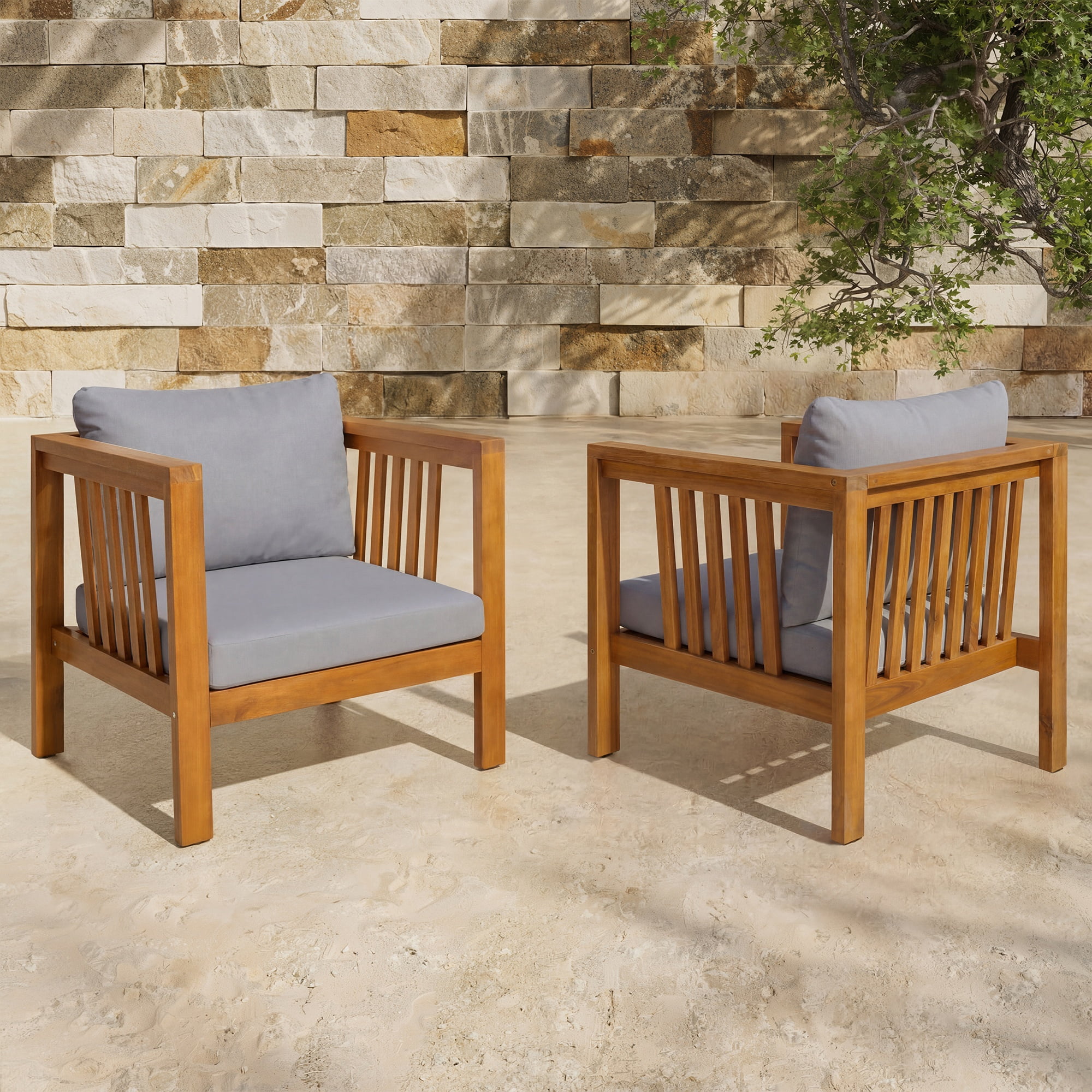 Adjustable Set of 2 Outdoor Acacia Wood Club Chairs with Modern Square Arms, Thick Cushions and Pillows, Leveling Feet for Patio Poolside Backyard Deck, Grey