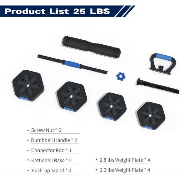 Adjustable Set 25LB with Connector Barbell for Home Gym, Hexagon Non-Rolling Weights
