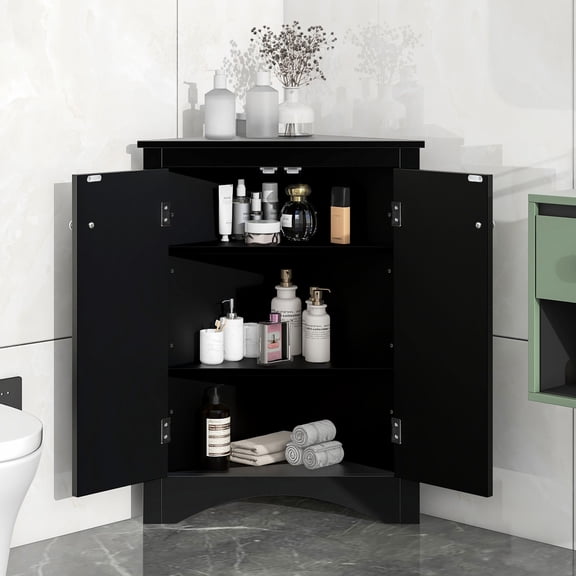 Adjustable Shelf Black Triangle Cabinet - Adds Storage in Small Bathroom Spaces