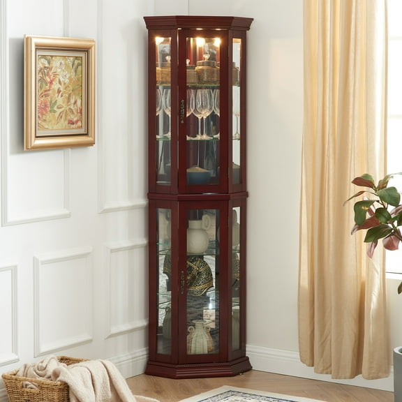 Adjustable Shelf Curio Show, Cherry, Lights, Mirrored Back Cabinet With Back, Unit