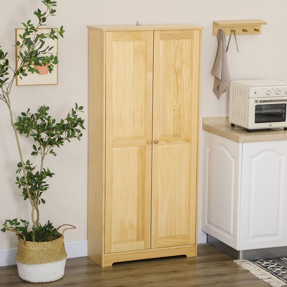 Adjustable Shelf Kitchen Pantry Cabinet with Soft-Close Doors, 67 Tall Freestanding Pinewood Storage for Living Room, Dining Room, and Kitchen Organization, Light Brown