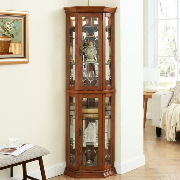 Adjustable Shelves Glass Corner Display Cabinet with Light for Figurine Display