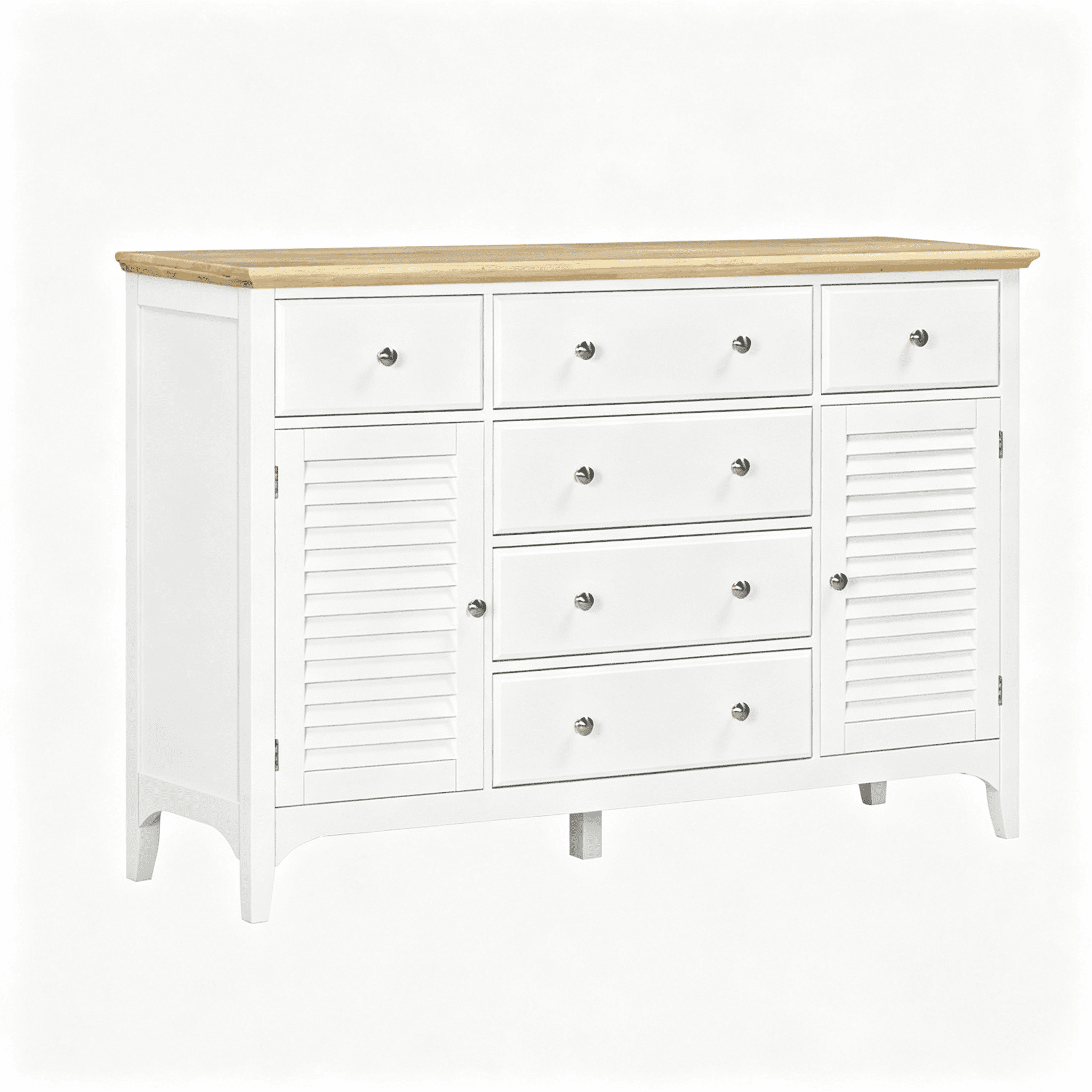 Adjustable Shelves Sideboard, Buffet Cabinet with Storage Drawers, Rubber Wood Top Coffee Bar, White