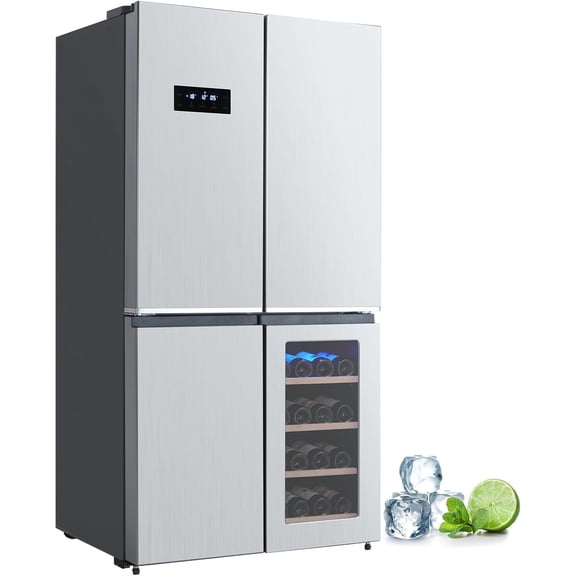 Adjustable Shelves, Stainless Steel 4 Doors Fridges Kitchen Freezer, 21 Cu.Ft. Counter Depth Refrigerator Bottom Freezer with Wine Cabinet, 36 in French Door Refrigerator