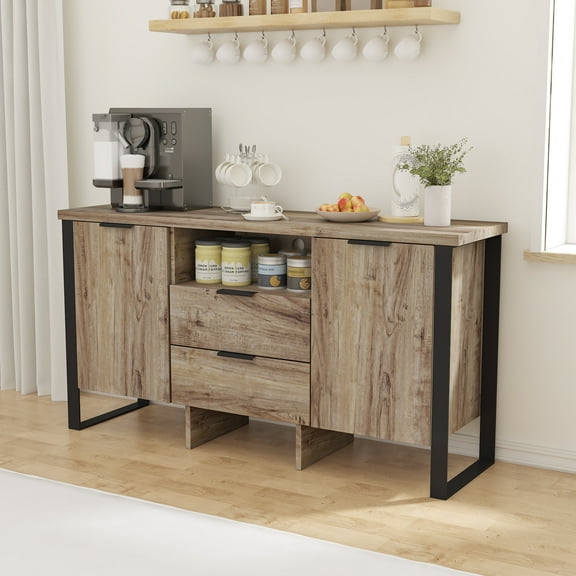 Adjustable Shelves and Drawer Storage Cabinet Thickened Table Top and Metal Support Brown