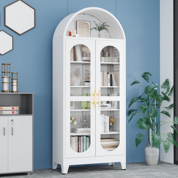 Adjustable Shelves and Magnetic Doors 73 Inch Tall Metal Arched Storage Cabinet Ideal for Kitchen or Display Usage