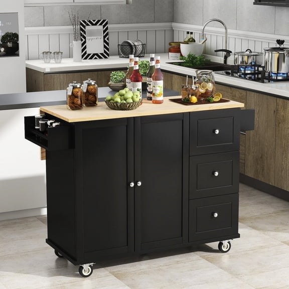 Adjustable Shelves in Cabinet / Kitchen Island with Solid Wood Top & Drop - Leaf Breakfast Bar