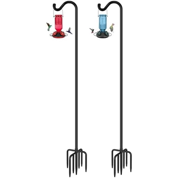 Adjustable Shepherd Hook Bird Feeder Pole with 7 Prongs Base, 108 Inch Tall 5/8 Inch Thick, Heavy Duty Outdoor Garden Poles for Hanging Bird Feeders, Plant Baskets, Black (2 Pack)