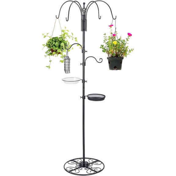 Adjustable Shepherd Hook Stand, 34"- 55" Black Iron Shepherd Hook with Base for Plant Hanging, Wind Chime & Bird Feeder - Outdoor Garden Porch Decoration(Elegant Style)