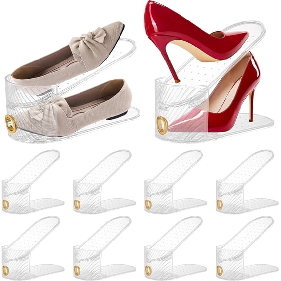 Adjustable Shoe Slot Organizer, Space Saver Double Deck Riser Rack, Clear, 10 Pack, Double-Layer Closet Shoe Storage