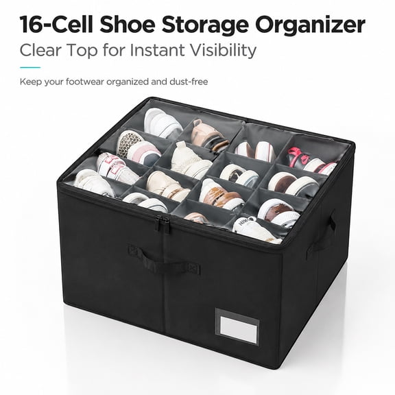 Adjustable Shoe Storage Boxes with 16 GridsLarge Shoe Box Space Saving Foldable with Clear Cover, Shoe Storage for Sneakers Sandals Slippersblack