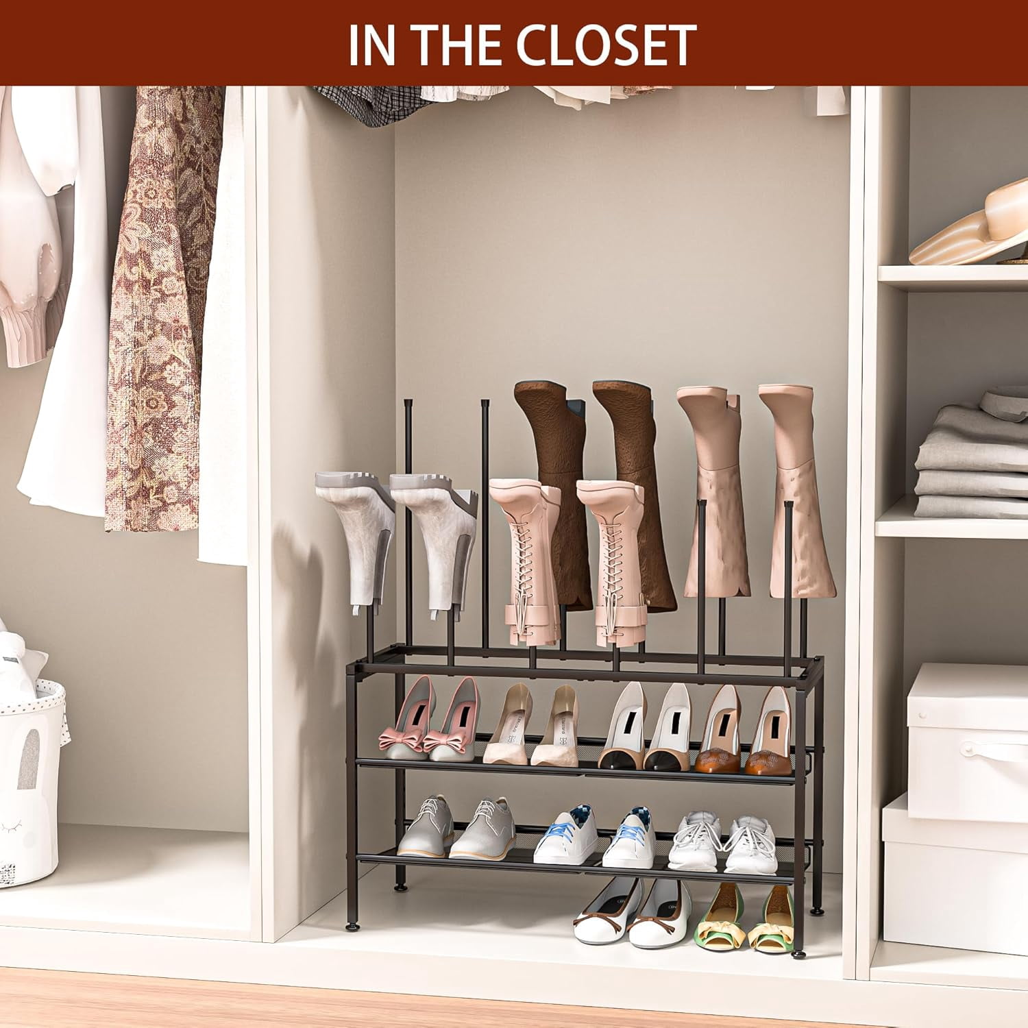 Adjustable Shoe and Boot Rack in One, 3 Tiers Tall Storage Organizer for Closet, Entryway, Garage