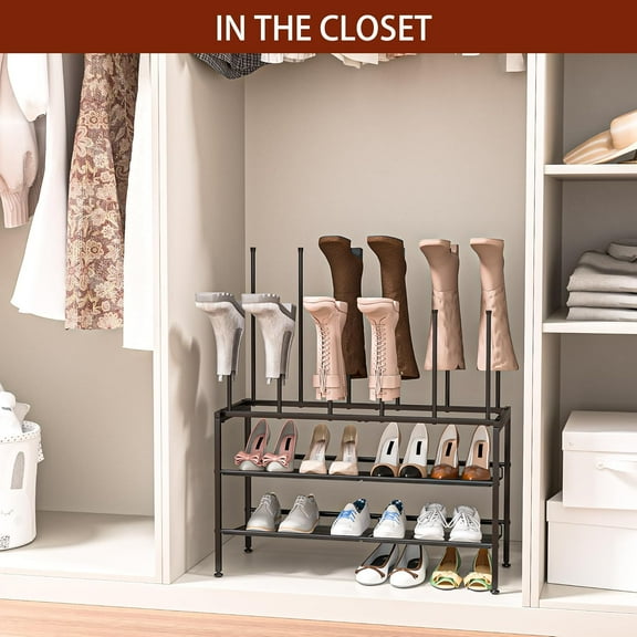 Adjustable Shoe and Boot Rack in One, 3 Tiers Tall Storage Organizer for Closet, Entryway, Garage