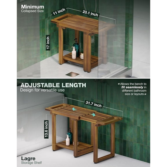 Adjustable Shower Bench Stool, 31.7'' Wood w/Storage Shelf Built-in Handle + Hot Sale + Waterproof Sturdy, Shower Head Holder, Ideal for Sitting Shaving Legs & Spa Bathroom Shower Use
