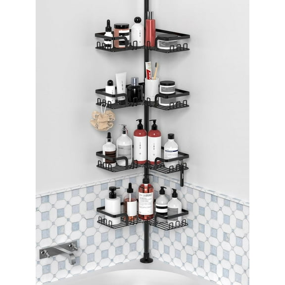 Adjustable Shower Caddy Corner Tension Pole, 4-Tier Shower Rod Organizer with Hooks, Floor to Ceiling Tension Rod 25-114.2 Inch, Bathtub Storage Organizer for Shampoo, Matte Dark