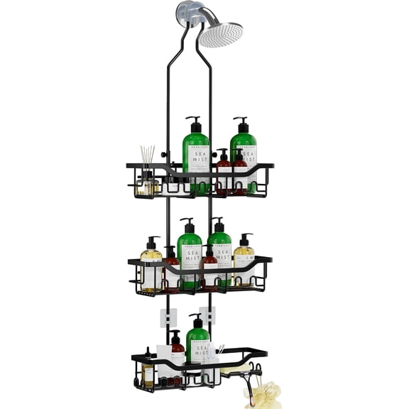 Adjustable Shower Caddy Hanging, Extended Length Organizer Over Shower Head, 3 Tier Long Neck Shower Rack with Soap Holder for Large Storage, Black