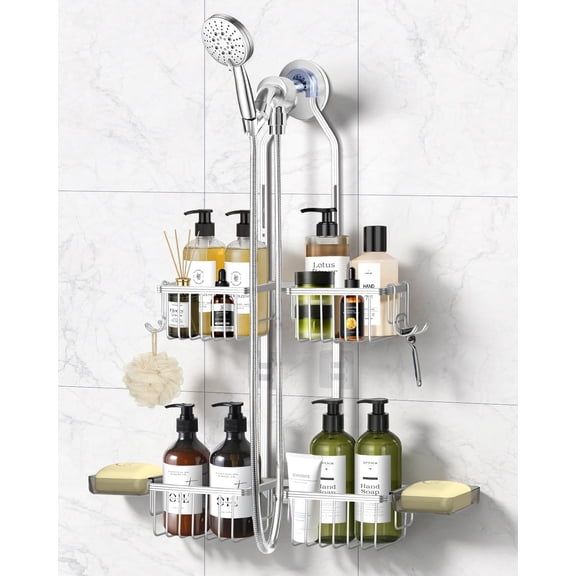 Adjustable Shower Caddy Hanging - Never Rust Shower Organizer Hanging, Aluminum Shower Racks for Inside Shower - Bathroom Organizers and Storage with 2 Soap Holders and 2 Removable Hooks, Silver
