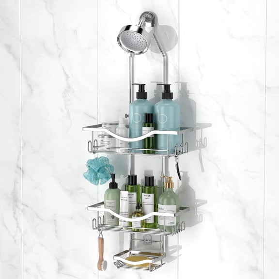 Adjustable Shower Caddy Hanging Over Shower Head, Silver | Rustproof Shower Organizer, Extra Long, No Drilling, Anti-Slip, Fast Draining, Soap Holder, 12 Hooks, Bathroom Accessories