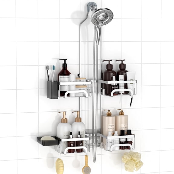 Adjustable Shower Caddy Hanging Split Shower Caddy for Handheld Showerheads, Rustproof Shower Organizer with Hooks for Razor Over the Head Caddy with Soap Holder Bathroom Accessories, Silver