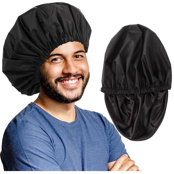 Adjustable Shower Caps for Men Women Reusable Waterproof Satin Lining Large Shower Cap for Long Hair Braids Curly Hair (L,Black/Black)