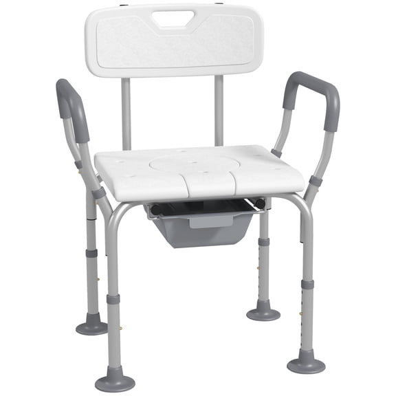 Adjustable Shower Chair with Arms & Backrest - White Aluminum Commode Seat for Bathroom, Bedroom & Elderly Support - 21" x 18" Seat, 27.5"-32.5" Height