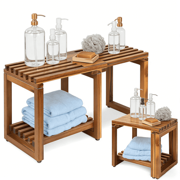 Adjustable Shower Stool (Length Adjustable 16.14-28.35 Inches),Waterproof Bench Chair with Storage Rack, Non-Slip Feet, Suitable for Shaving Legs,Spa,bathroom,and Indoor Shower for Adults and Seniors