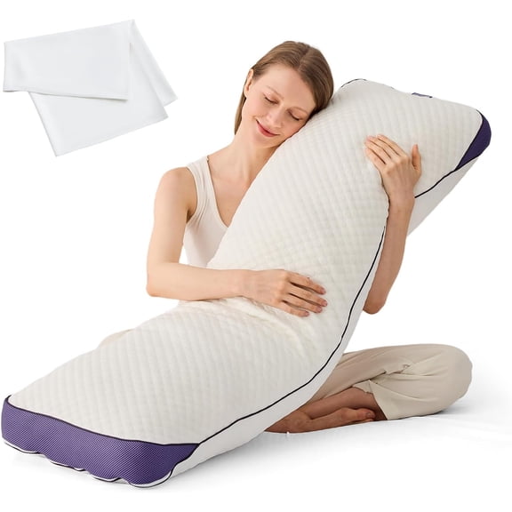 Adjustable Shredded Memory Foam Body Pillow Bundle with Mulberry Silk Pillowcase, Cooling Long Pillow Full Support for Side Sleepers, Back, Hip & Leg Comfort, 1 Pack 20"x52"