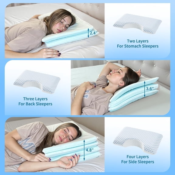 Adjustable Side Sleeper Pillow with 4 Layers Curved Design for  Neck Support and Cool Sleep