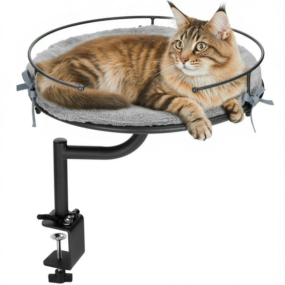 DOMIPET Cat Desk Bed with 360° Rotation & Height Adjustment, Desk Mounted Perch Attachment, Elevated Nest Cat Bed for Table Desktop, Cat Hammock with Washable Cushions, 40LB Capacity