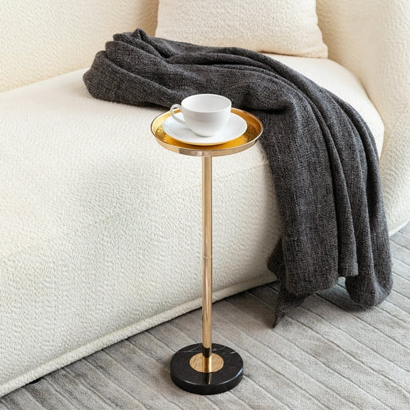 Adjustable Side Table, Small Tea Martini Table, Gold, Natural Marble Decorative Pedestal End Table for Display and Storage
