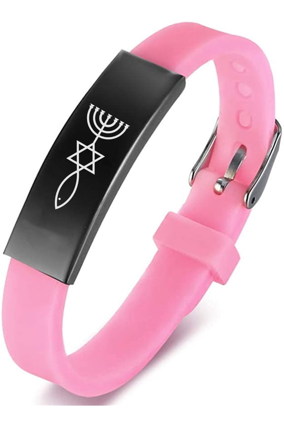Adjustable Silicone Messianic Jewish Christian Bracelet for Women Men Teens, Jerusalem Seal Star of David Menorah Christ Fish Amulet Symbolic Bangle Wristband for Protection,Pink