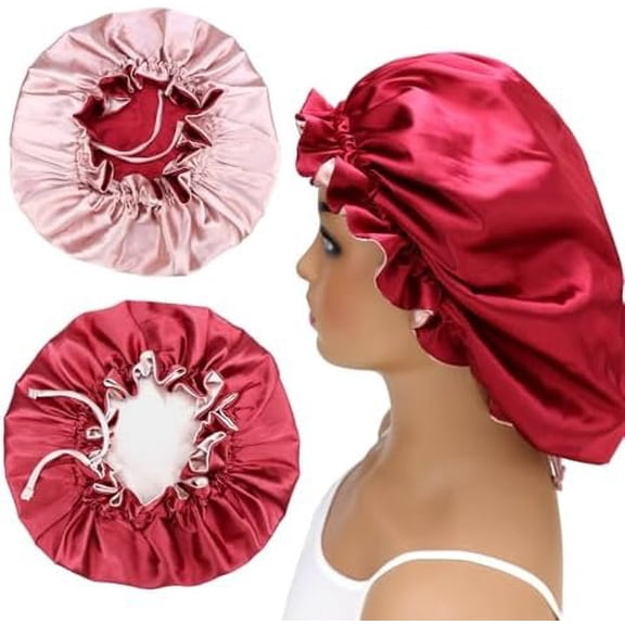 Adjustable Silk Satin Bonnet Hair Care Caps for Women Girls Loose-fitting Reversible Sleeping Cap Shower Caps Hair Wrap Bonnets (001 /Blush)