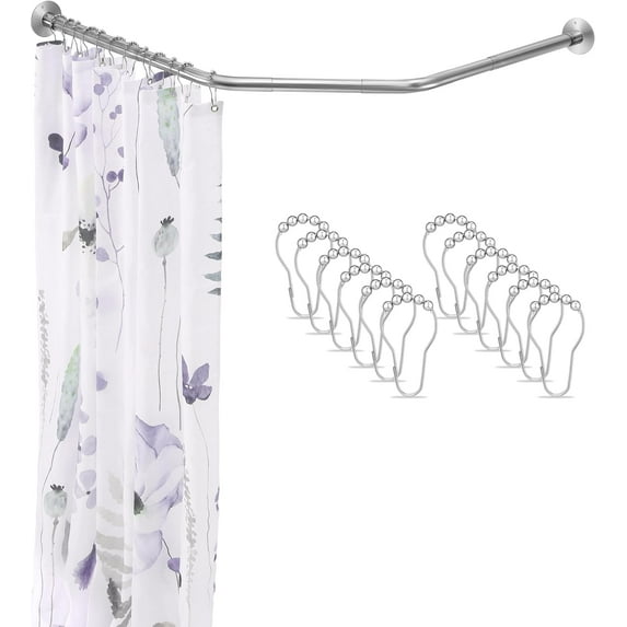 Adjustable Silver Corner Shower Curtain Rod with 12 Hooks, 31-41 Inch Diamond Shaped Shower Curtain Rod, Curved Rustproof 304 Stainless Steel Shower Rod for Bathroom Bathtub Drill and No Drill