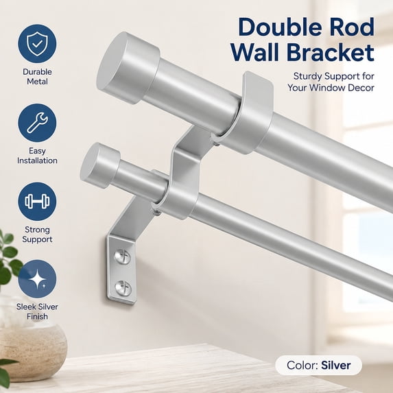 Finials Adjustable Silver Double Curtain Rod 36-153 Inch Heavy Duty Metal ...
