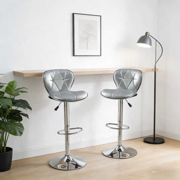 Adjustable Silver Faux Leather Counter Height Stools (Set of 2) - Tufted Back Chrome Base Kitchen Island Chairs for Modern Home