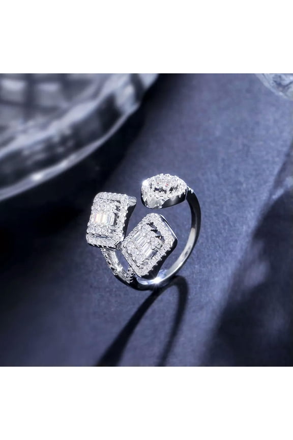 Adjustable Silver Plated Cubic Zirconia CZ Baguette Amerian Crystal Open Ring