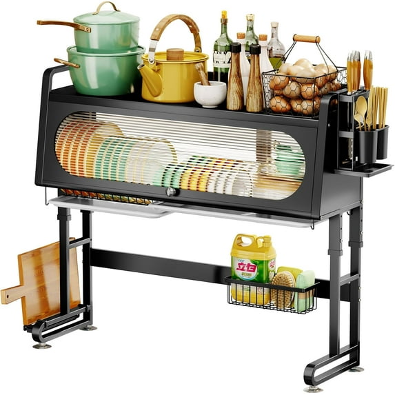 Adjustable Over Sink Dish Rack 28.34 to 31.49 Inches Space Saving Drying Rack with Cover for Kitchen Shelf Organization Large Capacity Multi Tier Rust Resistant