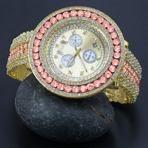 Adjustable Size Custom Band Pink Tourmaline Big Face Simulated Diamond Gold Tone Jo Rodeo Watch