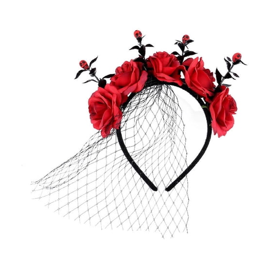 Adjustable Size Headband Stylish Elastic Hairband Rose Flower And Veil Headpiece For Halloween Parties Party Headwear Red