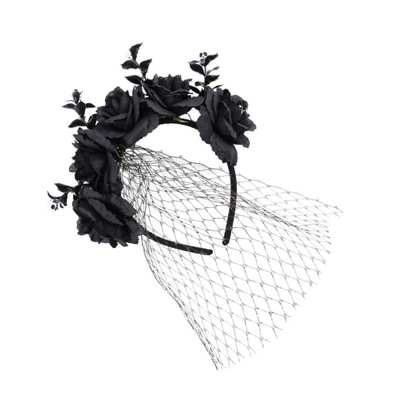 Adjustable Size Headband Stylish Elastic Hairband Rose Flower and Veil Headpiece for Halloween Parties Party Headwear
