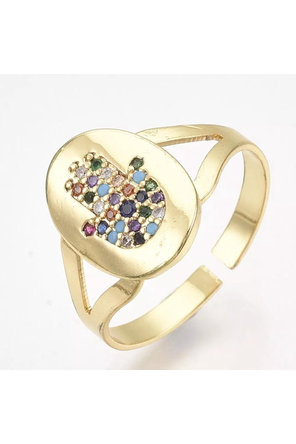 Adjustable Size Pave Cubic Zirconia Ring Religion Hamsa Evil Eye 9Mm P12