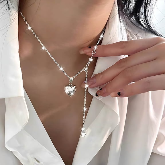 Adjustable Slide Heart Necklace, 316L Stainless Steel Chunky Chain, 21.6 Inch Pull Loop Pendant Necklace for Women, Hypoallergenic Layering Jewelry, Modern Love Gift for Her