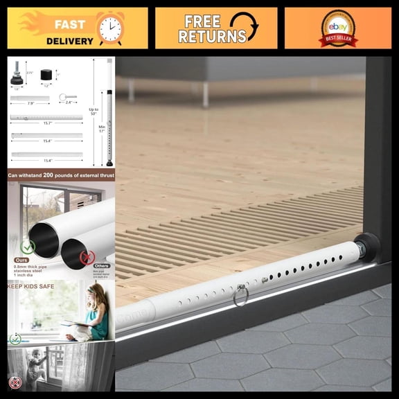 Adjustable Sliding Door Security Bar 17-50" Heavy Duty with Rubber Tips - Patio