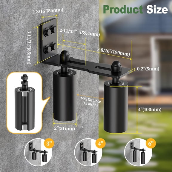 Adjustable Sliding Gate Roller Hardware Kit - Heavy Duty Steel Wall-Mount Bracket & Nylon Roller Guide for Rolling/Sliding Doors, Garage, Wood Gates (Black-1pc, 4in)