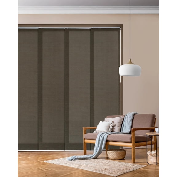 Adjustable Sliding Panel Track Blinds 45.8"- 86" W x 96" H, Extendable Vertical Blinds for Windows Patio Doors Room Dividers, See-Through Trimmable Jute Fabric, Semi-Privacy, Pu'er Tea