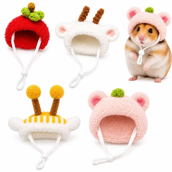 Adjustable Small Pet Hats Set of 4 – Cute Fuzzy Hats for Hamsters, Guinea Pigs & Other Small Pets – Animal & Fruit Designs with Soft Elastic Strap – Pet Dress Up & Photo Props